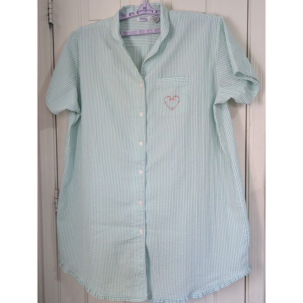 DREAMS CO Nightshirt House Coat Womens 2X Green White Pinstripe S/S Cottagecore